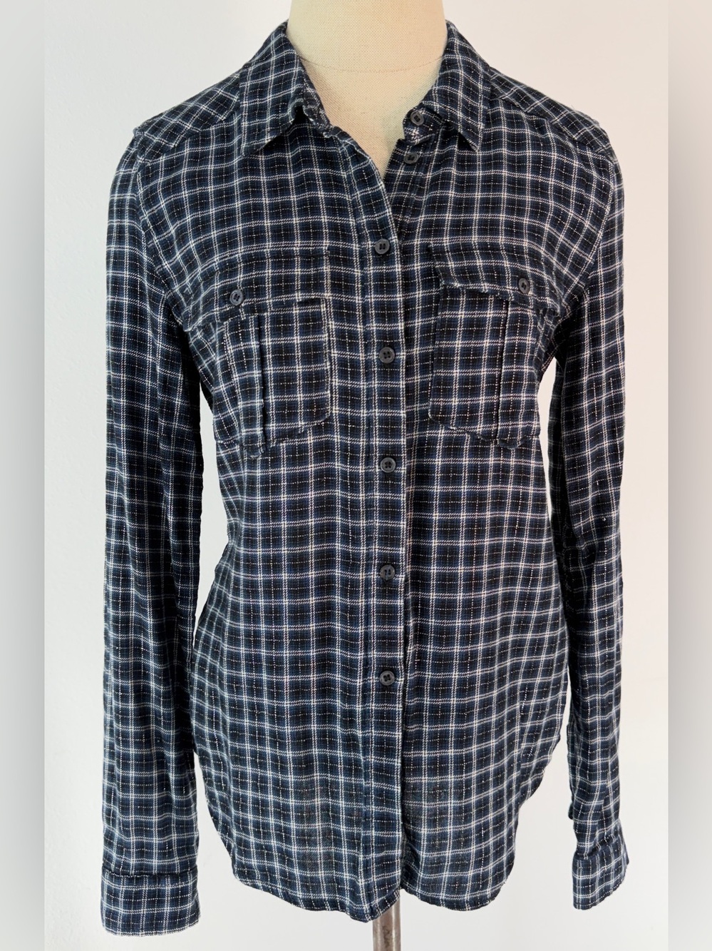 PAIGE Mya Blue Plaid Button Down Shirt Small Luna‎ Blue Rosette Casual Grunge